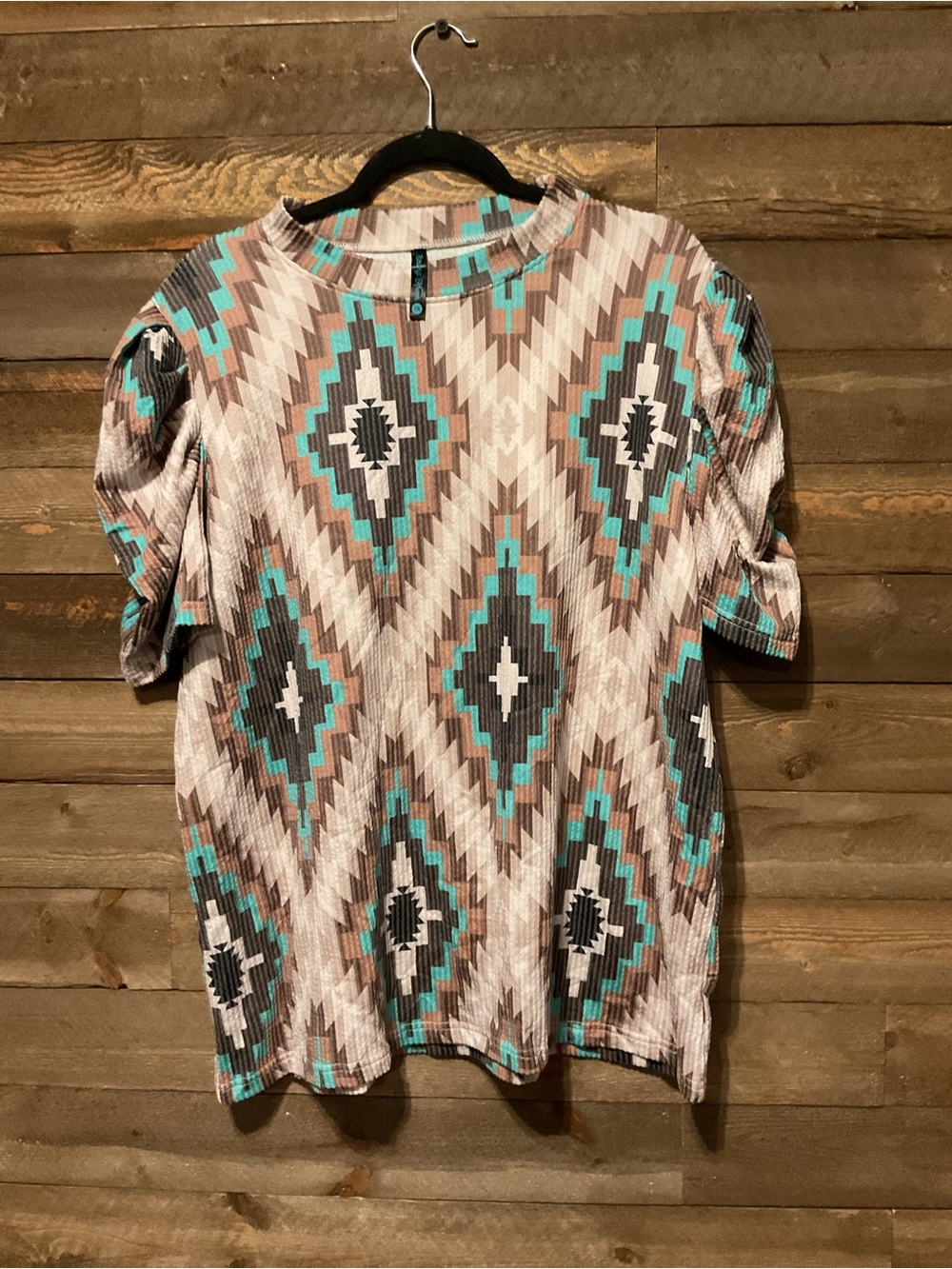 Sterling Kreek Brown Tan Aqua Aztec Ribbed Puff Sleeve Top Women’s Size 2X